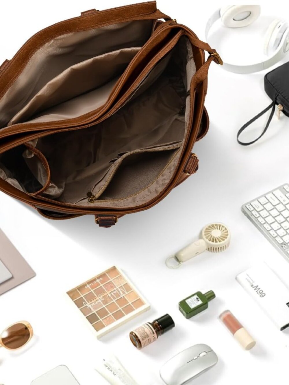 Laptop Tote Bag For Women, Leather Work Tote With Padded Laptop Compartment, Cup View 3